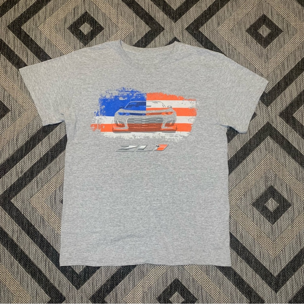 Chevrolet Chevy ZL1 Camaro Shirt Red White Blue USA Flag Racing Car